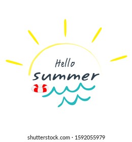 Hello Summer with sun and wave water. Handwritten calligraphy design.