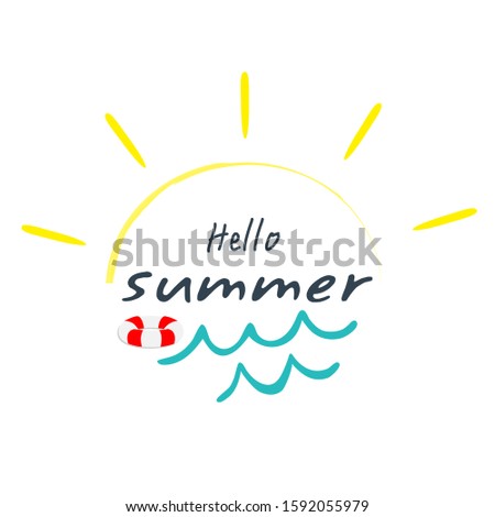Hello Summer with sun and wave water. Handwritten calligraphy design.