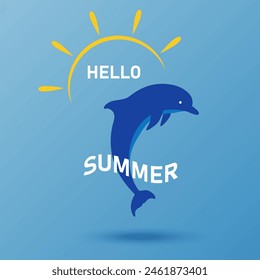 Hello summer, sun and waves, jumping dolphin. Cute dolphin on a blue background, hand drawn vector illustration.