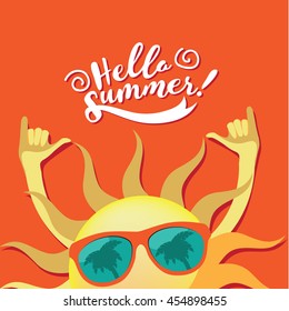 Hello summer sun wearing sunglasses shaka sign hang loose  poster. EPS 10 vector.