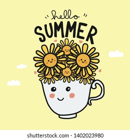 Hello Summer sunflower in smile coffee cup cartoon vector illustration