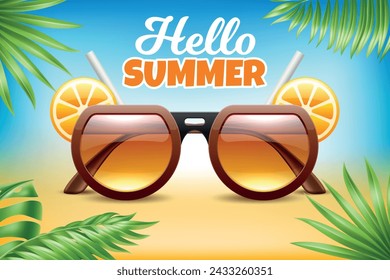 Hello summer. Sunglasses on seashore, tropical palm leaves. Summertime party and sale banner, vacation on ocean. Modern accessory. Trendy eyewear. Realistic isolated elements. Vector concept