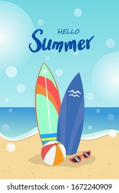 Hello Summer sunny day at the beach with surfboards, beach ball and sunglasses. For Label summer sale, template, banner, poster, billboard.