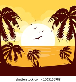 Hello summer. Sunrise. Beach. The palms. Vacation at sea. For your design.