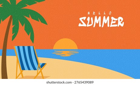 Hello Summer Sunset Beach Illustration with Orange Sky Blue Ocean Palm Tree and Empty Chair Scenic Coastal View