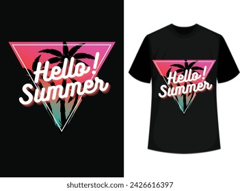 Hello Summer Sunset blur gradiant t-shirt design, logotype, badge typography icon. Lettering summer season for greeting card, invitation template. Retro, vintage lettering banner poster template.

