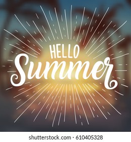 Hello Summer Sunset blur logotype, badge typography icon. Lettering summer season for greeting card, invitation template. Retro, vintage lettering banner poster template blurred sea beach background
