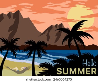 Hola verano. Puesta de sol en el mar. Palmeras en la isla. Relajación tropical. EPS 10.