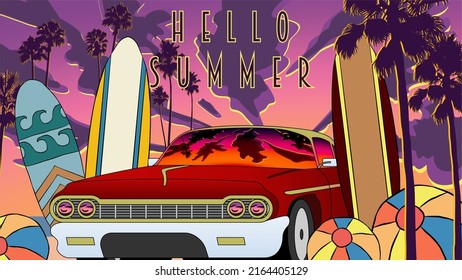 Hello Summer Sunset Vector. Palm Tree Silhouette. Vintage Car And Surf Board. Summertime. Los Angeles, California, Hollywood. Design Of Banner, Poster, Newsletter, Ads, Leaflet, Brochure, Wallpaper.