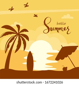 Hello Summer sunset view at the beach with silhouette birds, surfboard, coconut, umbrella and palm tree. For Label summer sale, template, banner, poster, billboard.