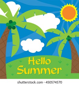 Hello summer with sunshine and coconut tree design