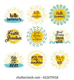 Hello summer, sunshine, Festa Junina, Good morning my sunshine, Take me to the sea calligraphic designs set. Vector background with hand lettering.  