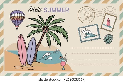Hello summer, surf, wave, card, Postcard, mail, hand drawn illustrations.