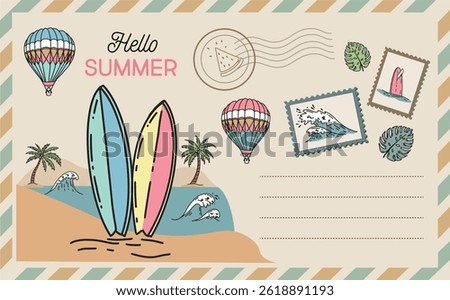 Hello summer, surf, wave, card, Postcard, mail, hand drawn illustrations.