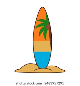 Hello summer, surfboard cartoon. Coconut trees and surfboards cartoon. Digital art illustration