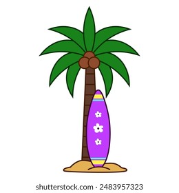 Hello summer, surfboard cartoon. Coconut trees and surfboards cartoon. Digital art illustration