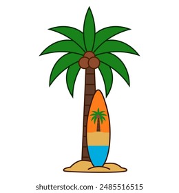 Hello summer, surfboard cartoon. Coconut trees and surfboards cartoon. Digital art illustration