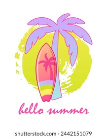 Hola Verano con tabla de surf, palmera y sol. Ilustración vectorial.