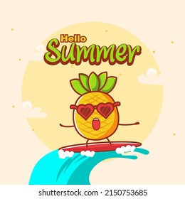 hola verano con dibujos animados de piña de surf