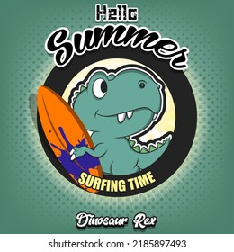 Hola, verano. Tiempo de surf. Dinosaurio sosteniendo una tabla de surf. Patrón para afiche de diseño, logotipo, emblema, cartel. Ilustración del vector 