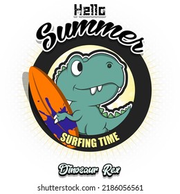 Hello Summer. Surfing time. Dinosaur holding a surfboard. Pattern for design poster, logo, emblem, banner. Vector illustration 