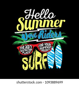 hello summer surfing typographic kids t shirt vector