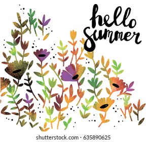 Hello summer! Sweet card with flowers. Drawing by hand, children's drawing.