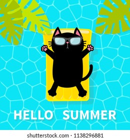 Hello Summer. Swimming pool. Black cat floating on yellow pool float water mattress. Top air view. Sunglasses. Lifebuoy. Palm tree leaf. Cute cartoon relaxing character Flat design Vector illustration