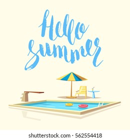 Hello Summer. Swimming Pool. Cartoon Vector Illustration