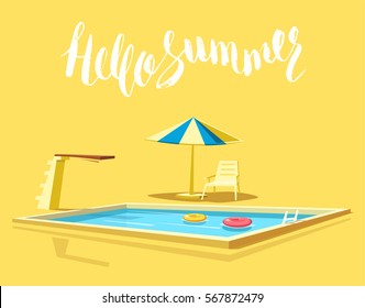 Hello Summer. Swimming Pool. Cartoon Vector Illustration