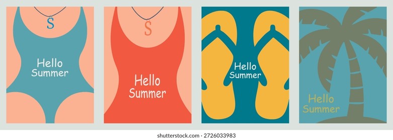 Hola traje de baño de verano y Ilustración vectorial de playa. chanclas y diseños de palmeras en un estilo limpio y moderno. Perfecto para carteles de verano, gráficos de redes sociales, tarjetas de felicitación,