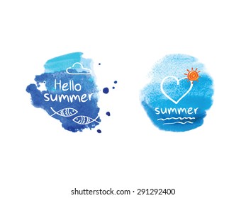 Hello summer. Symbol of summer. Cloud, fish and heart on the blue watercolor background. Doodles, sketch. Watercolor hand painting textures. Vector illustration.
