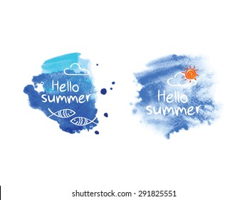 Hello summer. Symbol of summer. Cloud, fish and heart on the blue watercolor background. Doodles, sketch. Watercolor hand painting textures. Hand drawn elements for your design. Vector illustration.