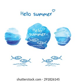 Hello summer. Symbol of summer. Cloud and fish on the blue watercolor background. Doodles, sketch. Watercolor hand painting textures. Hand drawn elements for your design. Vector illustration.