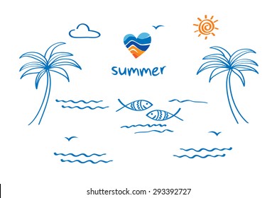 Hello summer. Symbol of summer. Palm trees, sun, sea, fish and heart for your design. Doodles, sketch. Hand drawn elements. Vector illustration.