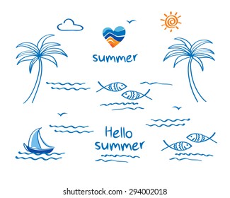 Hello summer. Symbol of summer. Palm trees, sun, sea, fish and heart for your design. Doodles, sketch. Hand drawn elements for your design. Vector illustration.