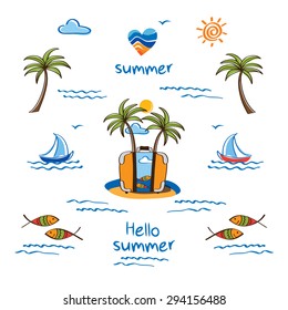 Hello summer. Symbol of summer. Palm trees, sun, sea, fish and heart for your design. Doodles, sketch. Hand drawn elements for your design. Vector illustration.