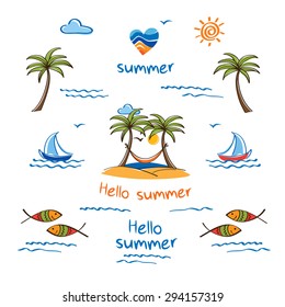 Hello summer. Symbol of summer. Palm trees, sun, sea, fish and heart for your design. Doodles, sketch. Hand drawn elements for your design. Vector illustration