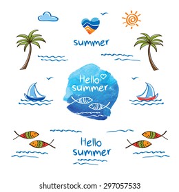 Hello summer. Symbol of summer. Palm trees, sun, sea, fish and heart for your design.  Doodles, sketch. Heart and fish on the blue watercolor background. Watercolor element. Vector illustration.