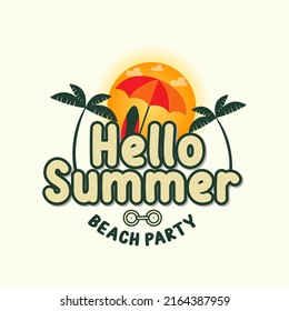 Hello Summer en T-shirt Design, Arrière-Plan estival coloré Illustration Vectorielle pour vacances à la plage Bonjour été avec soleil de gribouille.