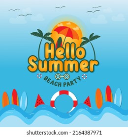 Hello Summer en T-shirt Design, Arrière-Plan estival coloré Illustration Vectorielle pour vacances à la plage Bonjour été avec soleil de gribouille.