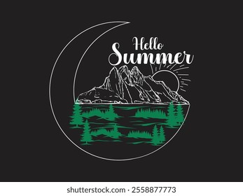 Hello summer t shirt design with mountain, forest and nature inspired graphic concept