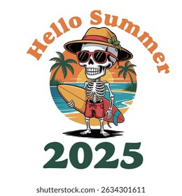 Hello summer t shirt vector with vector illustration of a skeleton wearing sunglasses, a cool hat, and a bright smile.