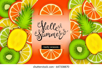 Hello summer. Tasty season. Lettering in the background of a pattern of stylized tropical fruits and berries. Vector illustration