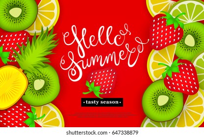 Hello summer. Tasty season. Lettering in the background of a pattern of stylized tropical fruits and berries. Vector illustration