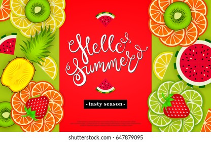 Hello summer. Tasty season. Lettering in the background of a pattern of stylized tropical fruits, and berries. Vector illustration