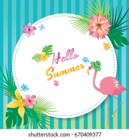 Hello Summer template background decorated with tropical flowers and flamingo put on hat.