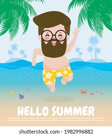 hello summer template banner, hipster man jumping on have a fun summer time, Relaxing person at seashore, Lounge time at the seaside, Summer vacation flat cartoon on background vector illustration