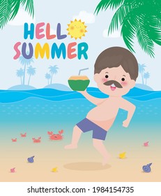 hello summer template banner, hipster man jumping on have a fun summer time, Relaxing person at seashore, Lounge time at the seaside, Summer vacation flat cartoon on background vector illustration