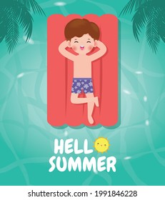 Hello summer template banner, Kid relaxing floating on inflatable at the beach in summer time top view. for advertising brochure  flat cartoon isolated on background vector illustration